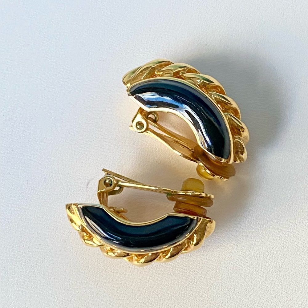 Vintage St. John Gold Black Enamel Clip Earrings - Picture 2 of 7